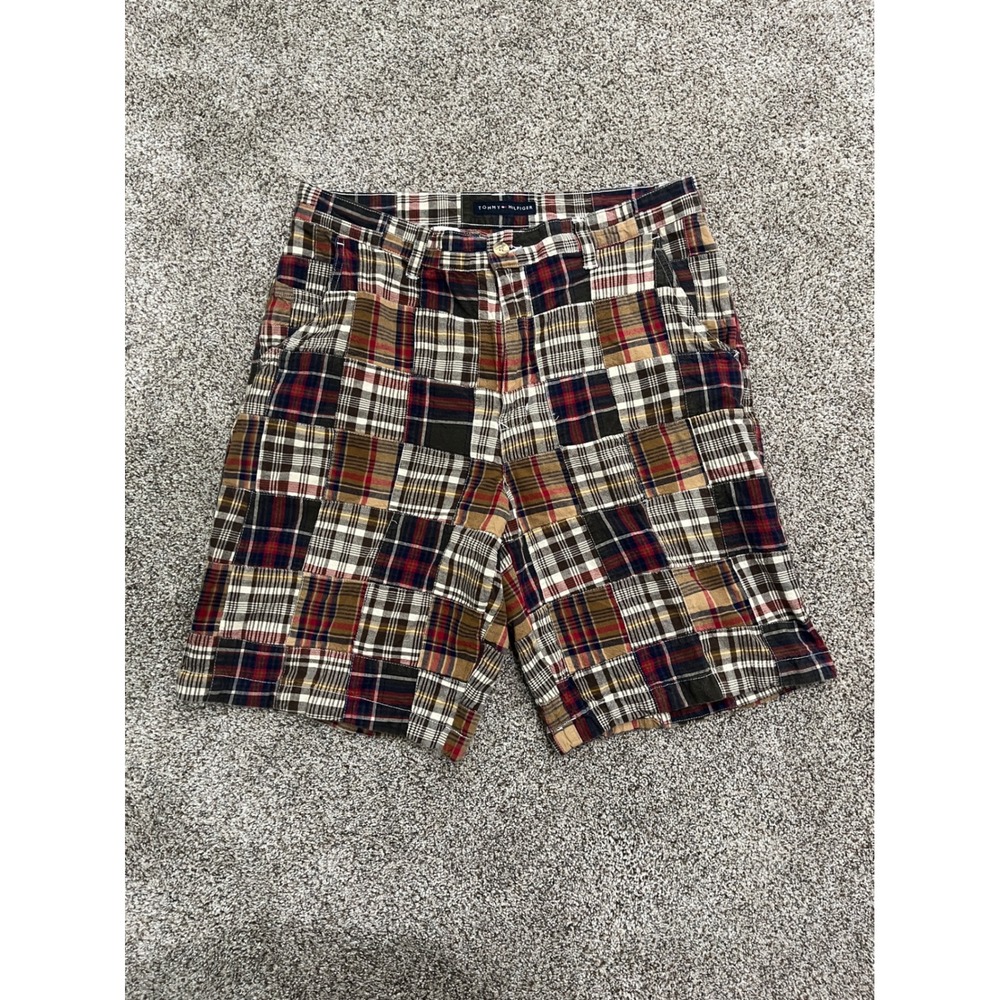 Tommy Hilfiger Mens Patchwork Plaid Madras Shorts Multi-Color Cotton Size 35